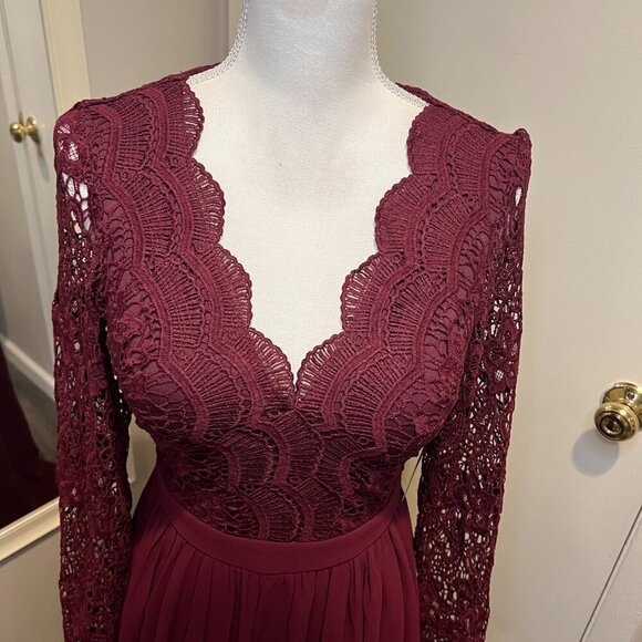 NWT Lulus Burgundy Awaken My Love Long Sleeve Open Back Lace Maxi Dress, Size S - Picture 5 of 16